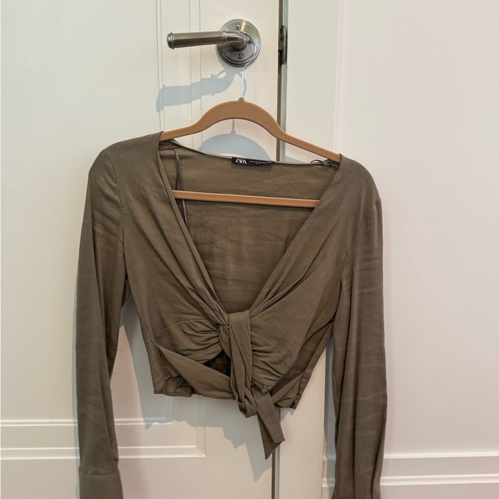 Zara Olive Green Wrap Tie Long Sleeve Top